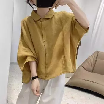 Хлопок и лен женская рубашка весна-лето новый стиль рукав семь четвертей рукав летучая мышь свободный большой размер льняной воротник кукла уменьшить возраст S