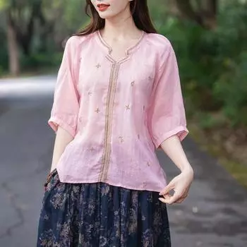 Хлопок льняная вышитая рубашка женская летняя рубашка-пуловер ретро футболка свободный топ с V-образным вырезом рубашки M белый