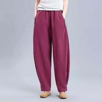 Хлопок льняные драпированные шаровары женские летние винтажные свободные широкие повседневные льняные брюки с высокой талией M