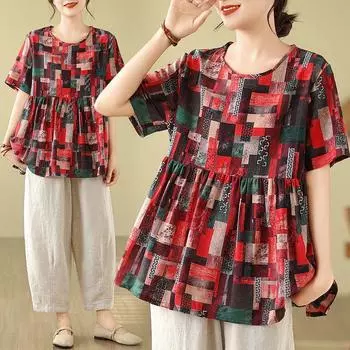 Хлопок, лен, большой размер, короткий рукав, принтованный топ, летняя ретро-художественная футболка, свободная круглая горловина, маленькая рубашка, утягивающие футболки для женщин L