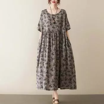 Хлопок лен цветочные принты плюс размер платья короткий рукав круглый вырез женское повседневное свободное длинное летнее платье One Size зелёный