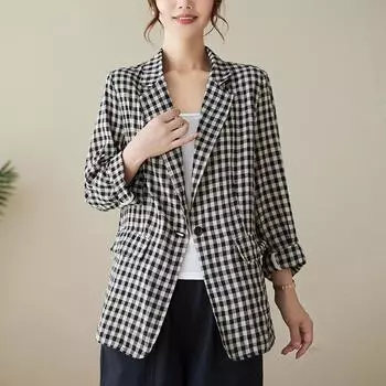 Хлопок лен клетчатый пиджак куртки художественный осенний женский пиджак карман ретро пиджак костюм винтажный воротник с лацканами тонкие пиджаки куртка L
