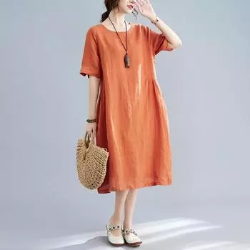 Хлопок лен однотонные винтажные платья лето осень одежда женщины повседневное платье средней длины L оранжевый