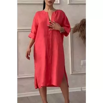 Хлопок лен однотонный повседневный круглый вырез пуговицы длинные повседневные платья S красный