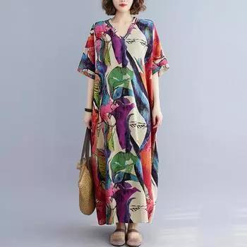 Хлопок лен платья больших размеров с коротким рукавом V-образный вырез женские повседневные свободные длинные летние платья One Size