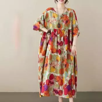 Хлопок лен плюс размер платья в горошек короткий рукав круглый вырез женское повседневное свободное длинное летнее платье One Size красный