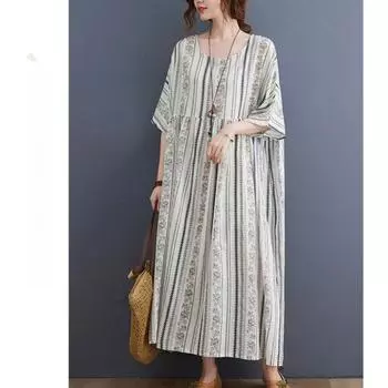 Хлопок лен плюс размер полосатые платья короткий рукав круглый вырез женское повседневное свободное длинное летнее платье One Size белый