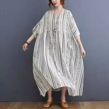 Хлопок лен плюс размер полосатые платья короткий рукав круглый вырез женское повседневное свободное длинное летнее платье One Size белый