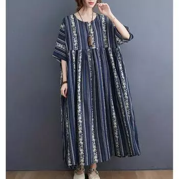 Хлопок лен плюс размер полосатые платья короткий рукав круглый вырез женское повседневное свободное длинное летнее платье One Size белый
