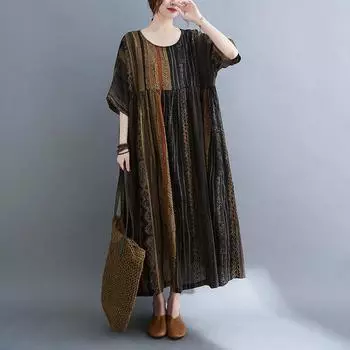 Хлопок лен плюс размер полосатые платья с коротким рукавом одежда для женщин повседневное свободное длинное летнее платье One Size жёлтый