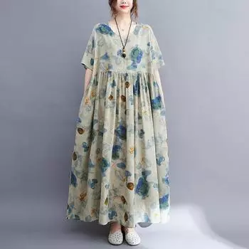 Хлопок лен плюс размер винтажная одежда женщины повседневное свободное длинное летнее платье One Size