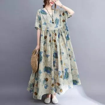 Хлопок лен плюс размер винтажная одежда женщины повседневное свободное длинное летнее платье One Size