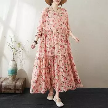 Хлопок лен плюс размер винтажная одежда женская повседневная свободная длинная осенняя одежда One Size