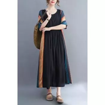 Хлопок лен плюс размер винтажные печатные платья осенняя одежда женщины повседневное свободное длинное летнее платье One Size