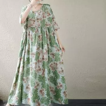 Хлопок лен плюс размер винтажные печатные платья одежда женская повседневная свободная длинная летняя одежда One Size красный