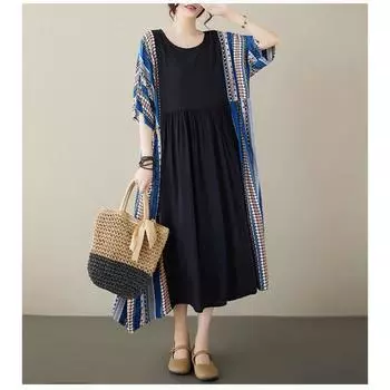 Хлопок лен плюс размер винтажные печатные платья осенняя одежда женщины повседневное свободное длинное летнее платье One Size