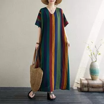 Хлопок лен полосатый принт платья больших размеров с коротким рукавом V-образный вырез женское повседневное свободное длинное летнее платье One Size
