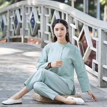 Хлопок, лен, ретро, китайский стиль, топ с пряжкой, весна-осень, одежда для занятий тайцзи, женская свободная одежда для занятий чаепитием, костюм из двух предметов большого размера S белый