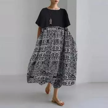 Хлопок лен ретро плюс размер свободного покроя А-силуэта черное пэчворк принт длинное платье летние пляжные платья с круглым вырезом и карманами для женщин One Size чёрный