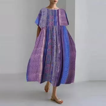 Хлопок лен ретро плюс размер свободного покроя А-силуэта с цветочным принтом длинное платье летние пляжные платья с круглым вырезом и карманами для женщин One Size фиолетовый