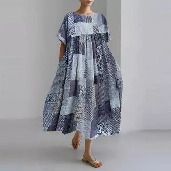 Хлопок лен с коротким рукавом одежда больших размеров А-силуэт клетчатый принт длинное платье летние пляжные платья с круглым вырезом для женщин One Size синий