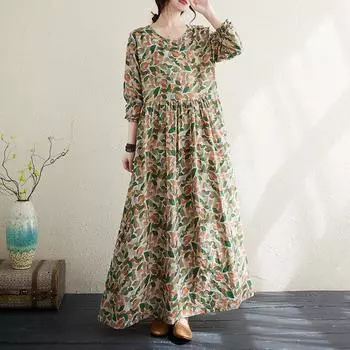 Хлопок лен с принтом больших размеров платья с длинным рукавом круглый вырез женские повседневные свободные длинные летние платья One Size