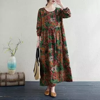 Хлопок лен с принтом больших размеров платья с длинным рукавом круглый вырез женские повседневные свободные длинные летние платья One Size