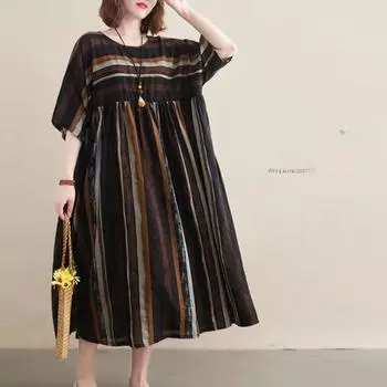 Хлопок лен с принтом плюс размер платья короткий рукав круглый вырез женское повседневное свободное длинное летнее платье One Size зелёный