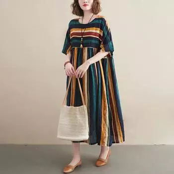 Хлопок лен с принтом плюс размер платья короткий рукав круглый вырез женское повседневное свободное длинное летнее платье One Size зелёный