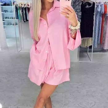 Хлопок лен свободные однотонные шорты комплект из двух предметов женские повседневные рубашки с длинным рукавом с высокой талией короткие летние простые домашние костюмы S розовый
