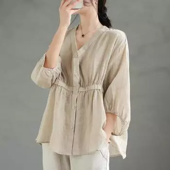 Хлопок лен V-образный вырез на талии с завязками из пяти частей пуловер рубашка для женщин свободный утягивающий универсальный топ из хлопка льна модный M абрикосовый