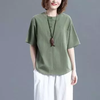 Хлопок лен женская с короткими рукавами летняя художественная большого размера свободная утягивающая однотонная повседневная универсальная льняная рубашка топ для женщин M