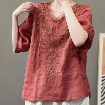 Хлопок лен женские блузки вышитые V-образный вырез однотонные винтажные женские рубашки блузки летние повседневные майки S белый