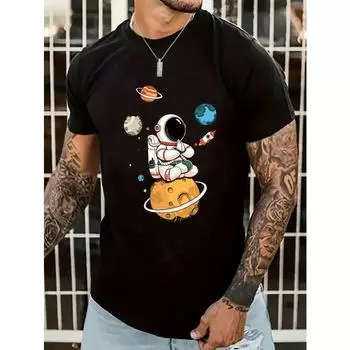 Хлопок Мужская летняя свободная футболка свободного размера из 100% хлопка с принтом астронавта и планеты, повседневная спортивная футболка с круглым вырезом и короткими рукавами 3XL