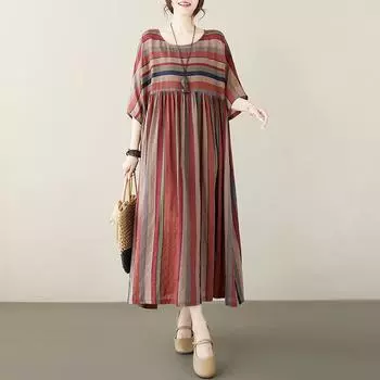 Хлопок Плюс Размер Винтаж Полосатые Платья Осенняя Одежда Женщин Повседневный Свободный Длинный Летний Платье One Size