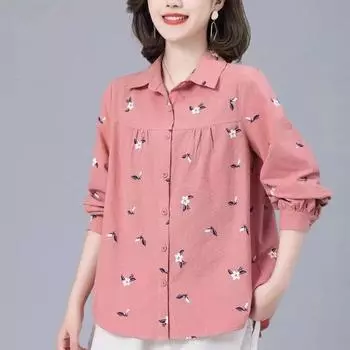Хлопок Весна Осень Свободная рубашка в западном стиле с длинными рукавами, уменьшающая возраст, топ для среднего возраста, блузки, рубашки M розовый