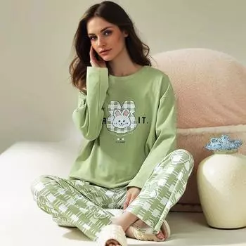 Хлопок Высокого Качества Женская Осенняя Зимняя Пижама Женский Пуловер С Длинными Рукавами Мультфильм Школьная Домашняя Одежда M