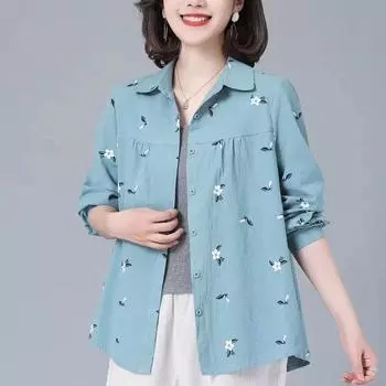 Хлопок весна осень большой размер свободная омолаживающая рубашка с длинным рукавом верхнее пальто блузки рубашки L синий