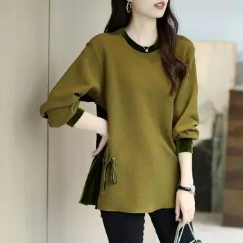 Хлопок женский весенний свитер большого размера с круглым вырезом и длинными рукавами, свободный, в стиле пэчворк, однотонный S зелёный