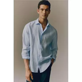 HM Slim fit льняная рубашка светло-синего цвета