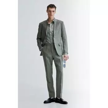 HM Slim fit льняные костюмные брюки серо-зеленые