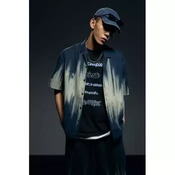 HM свободный крой принтованная рубашка camp темно-синяя с узором XS