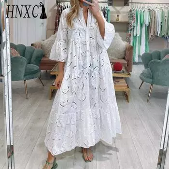 HNXC 8 цветов S-5XL Женская мода Лето Весна Однотонный принт Рукав 3/4 V-образный вырез Повседневные платья S белый