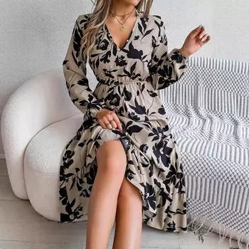 HNXC Autumn and Winter Casual Flower-shaped Waist-cinching Long-sleeved Ruffled Dress Women s Wear S