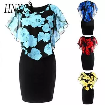 HNXC Черное сексуальное платье с прозрачной шалью и нежным цветочным принтом S красный