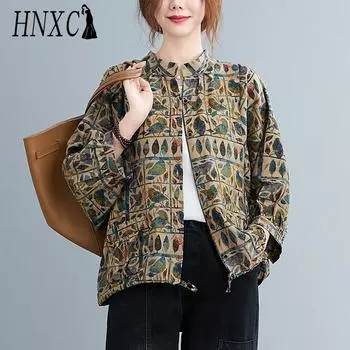 HNXC Хлопково-льняная женская рубашка Винтажные блузки оверсайз Цветочный принт Харадзюку Рукав реглан Повседневная свободная Женская рубашка на пуговицах Топы L