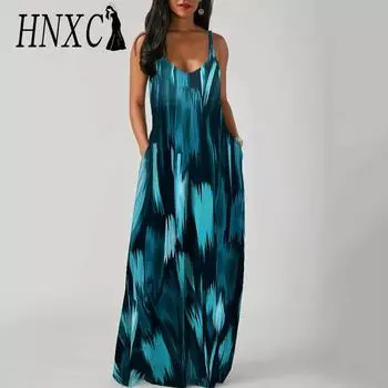 HNXC Элегантное модное платье длиной до пола без рукавов с V-образным вырезом, простое женское летнее платье в стиле ретро с принтом, свободная талия, прямое платье S