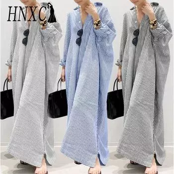 HNXC Корейский стиль Женское длинное рукава на пуговицах Полосатая повседневная макси-рубашка платье S белый