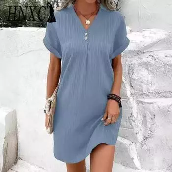 HNXC Летнее женское платье с V-образным вырезом на пуговицах с коротким рукавом, свободный однотонный пуловер, повседневная одежда, мини-платье S белый