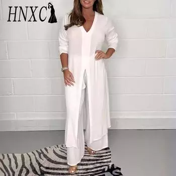 HNXC Летний и осенний женский комплект из удлиненного топа и длинных брюк S белый